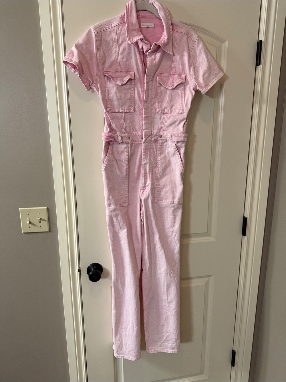 Good American Light Pink Short Sleeve Denim Jumpsuit